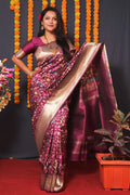 Monjolika Fashion Wine Banarasi Silk Blend Saree With Floral Jaal & Zari Border | Grocsy