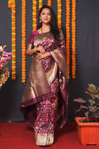 Monjolika Fashion Wine Banarasi Silk Blend Saree With Floral Jaal & Zari Border | Grocsy