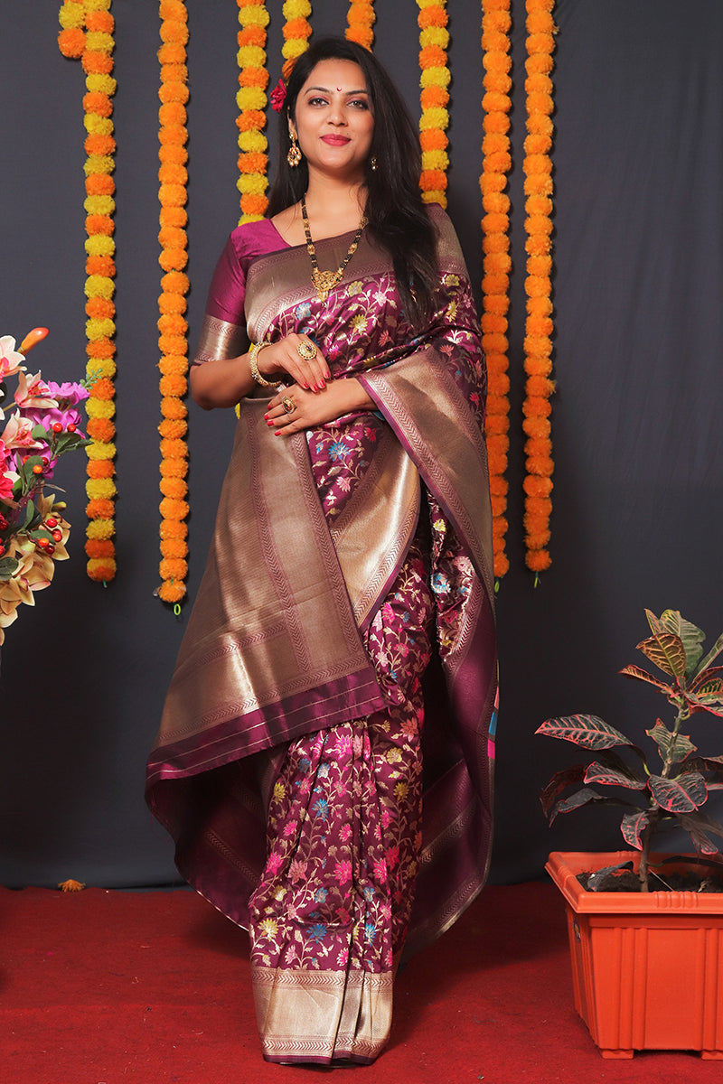 Monjolika Fashion Wine Banarasi Silk Blend Saree With Floral Jaal & Zari Border | Grocsy