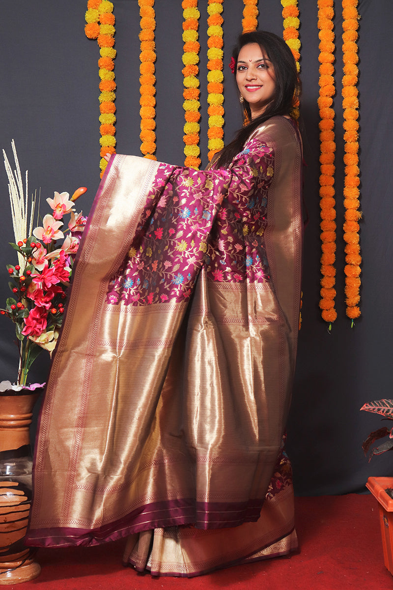 Monjolika Fashion Wine Banarasi Silk Blend Saree With Floral Jaal & Zari Border | Grocsy