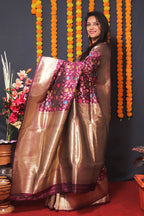 Monjolika Fashion Wine Banarasi Silk Blend Saree With Floral Jaal & Zari Border | Grocsy