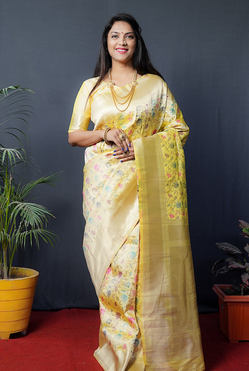 Monjolika Fashion Lemon Yellow Banarasi Silk Blend Saree With Floral Jaal & Zari Border | Grocsy