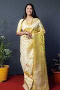 Monjolika Fashion Lemon Yellow Banarasi Silk Blend Saree With Floral Jaal & Zari Border | Grocsy