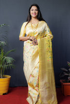 Monjolika Fashion Lemon Yellow Banarasi Silk Blend Saree With Floral Jaal & Zari Border | Grocsy