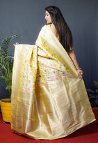 Monjolika Fashion Lemon Yellow Banarasi Silk Blend Saree With Floral Jaal & Zari Border | Grocsy