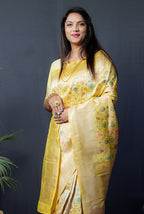 Monjolika Fashion Lemon Yellow Banarasi Silk Blend Saree With Floral Jaal & Zari Border | Grocsy