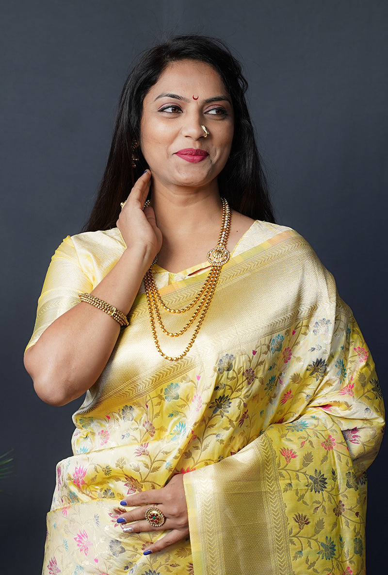 Monjolika Fashion Lemon Yellow Banarasi Silk Blend Saree With Floral Jaal & Zari Border | Grocsy