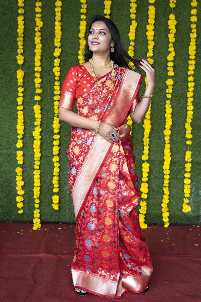 Monjolika Fashion Red Silk Blend Banarasi Zari Woven Saree With Blouse | Grocsy