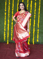 Monjolika Fashion Red Silk Blend Banarasi Zari Woven Saree With Blouse | Grocsy