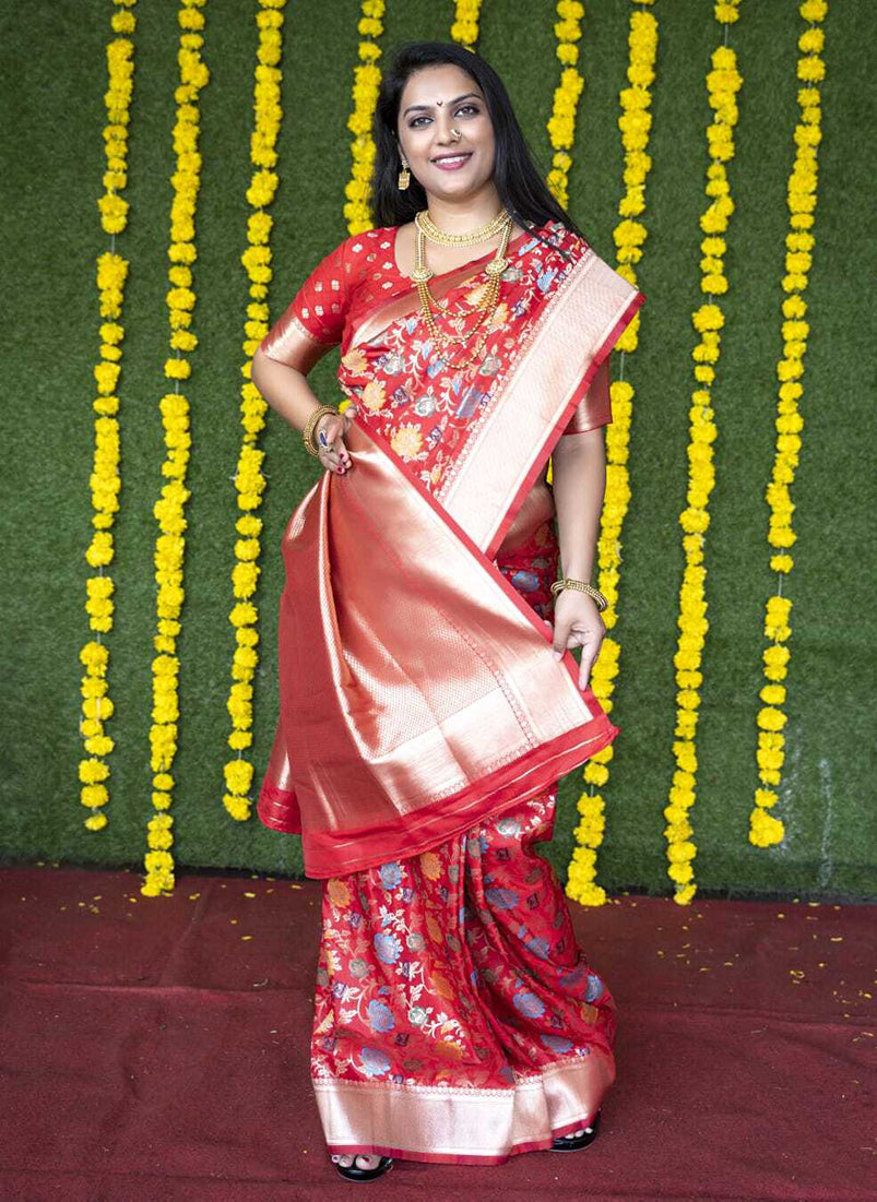 Monjolika Fashion Red Silk Blend Banarasi Zari Woven Saree With Blouse | Grocsy