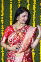 Monjolika Fashion Red Silk Blend Banarasi Zari Woven Saree With Blouse | Grocsy