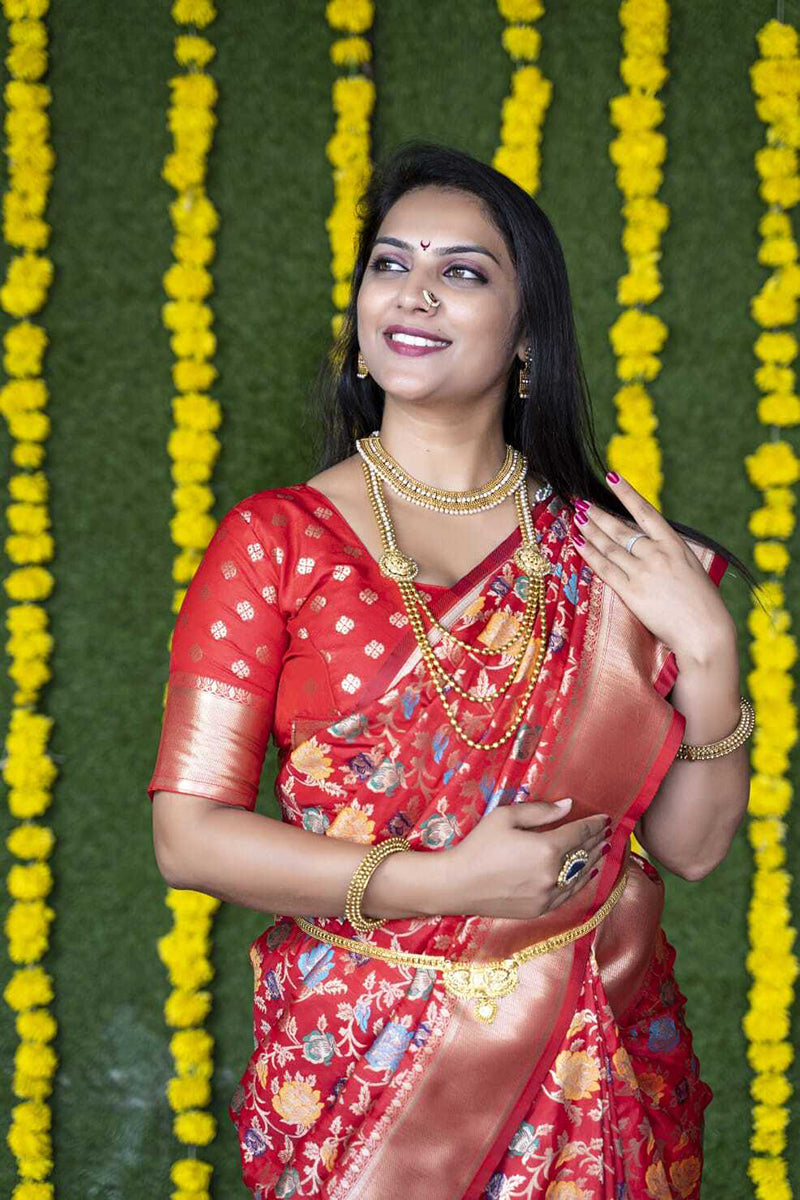 Monjolika Fashion Red Silk Blend Banarasi Zari Woven Saree With Blouse | Grocsy