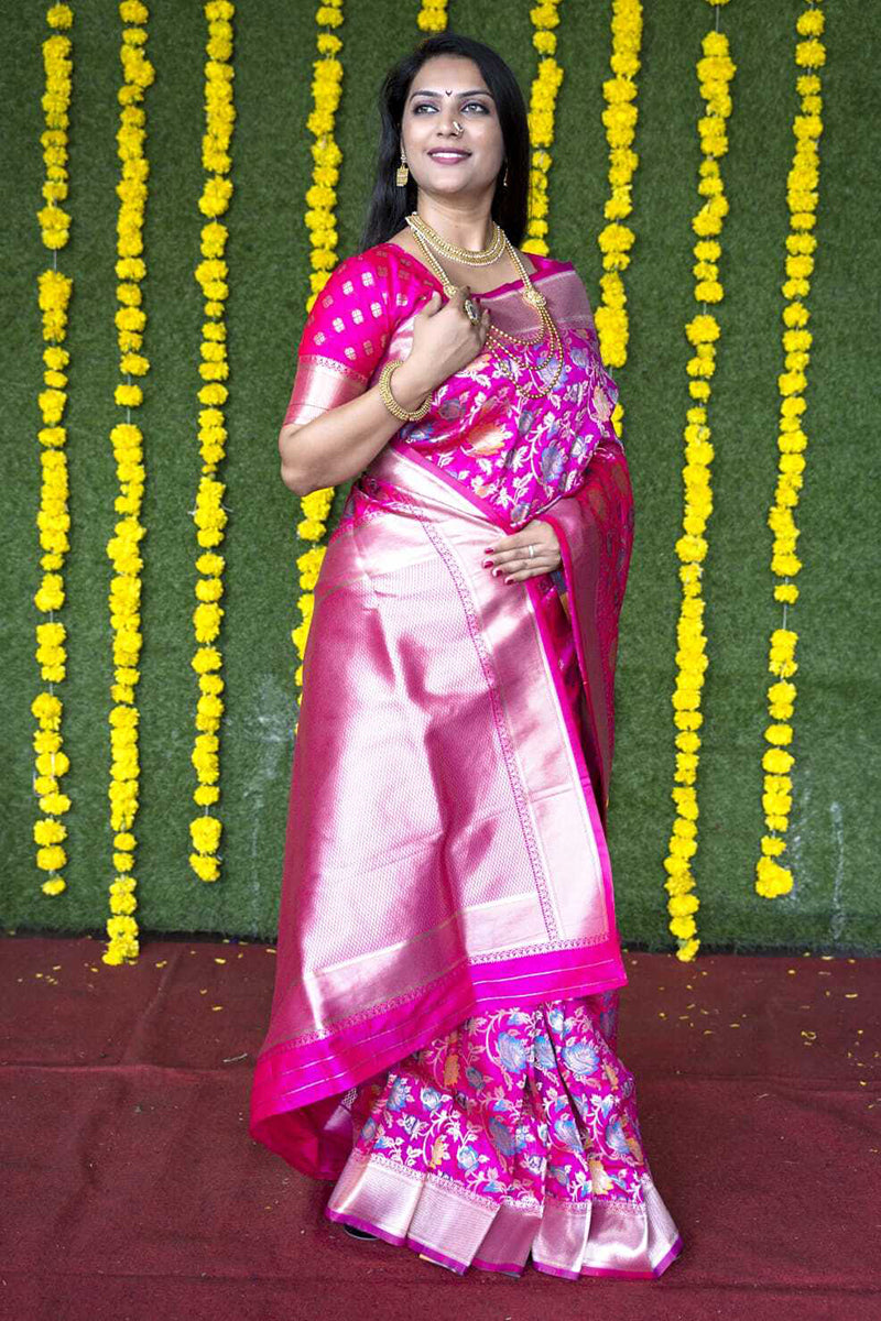 Monjolika Fashion Rani Pink Silk Blend Banarasi Zari Woven Saree With Blouse | Grocsy