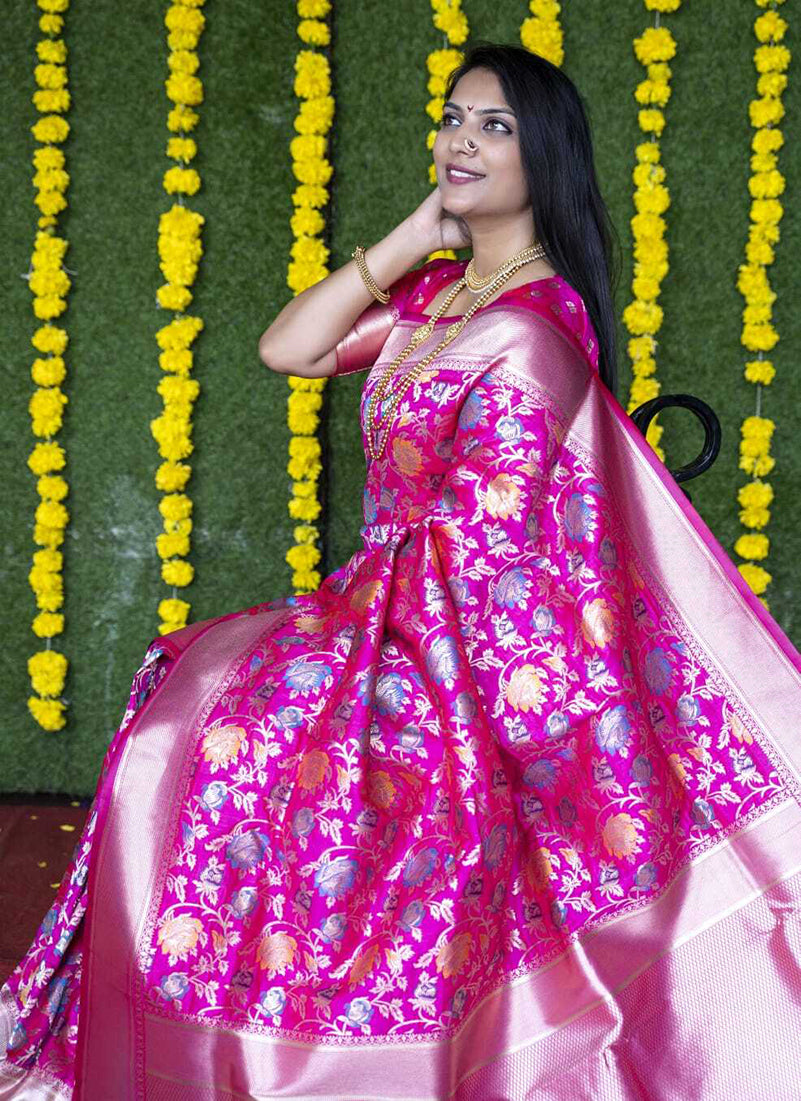 Monjolika Fashion Rani Pink Silk Blend Banarasi Zari Woven Saree With Blouse | Grocsy