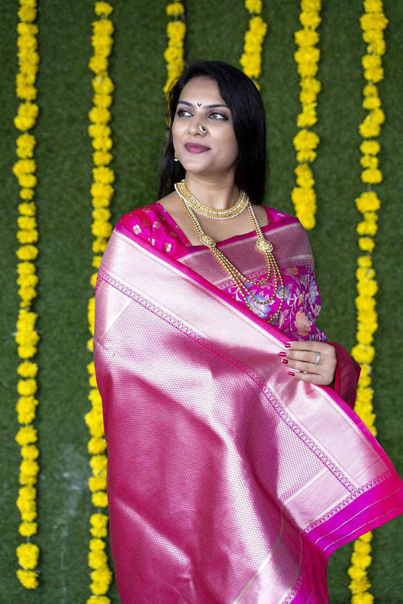 Monjolika Fashion Rani Pink Silk Blend Banarasi Zari Woven Saree With Blouse | Grocsy