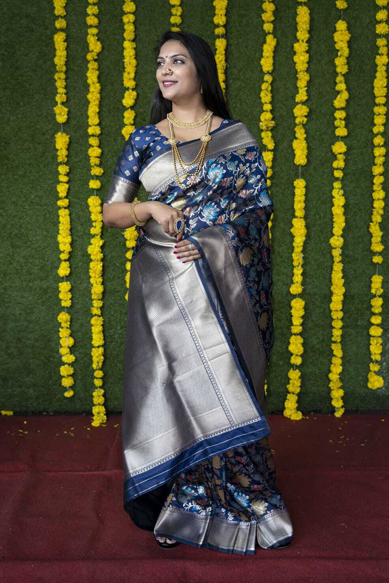 Monjolika Fashion Navy Blue Silk Blend Banarasi Zari Woven Saree With Blouse | Grocsy