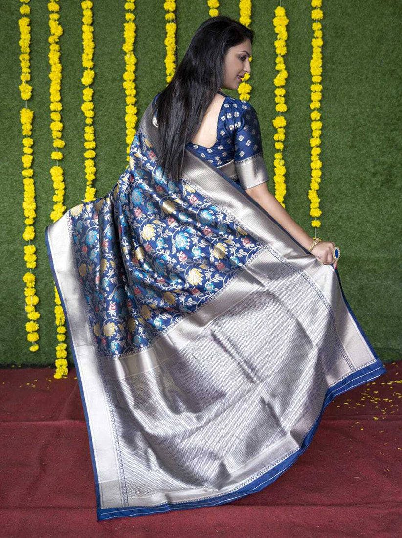 Monjolika Fashion Navy Blue Silk Blend Banarasi Zari Woven Saree With Blouse | Grocsy