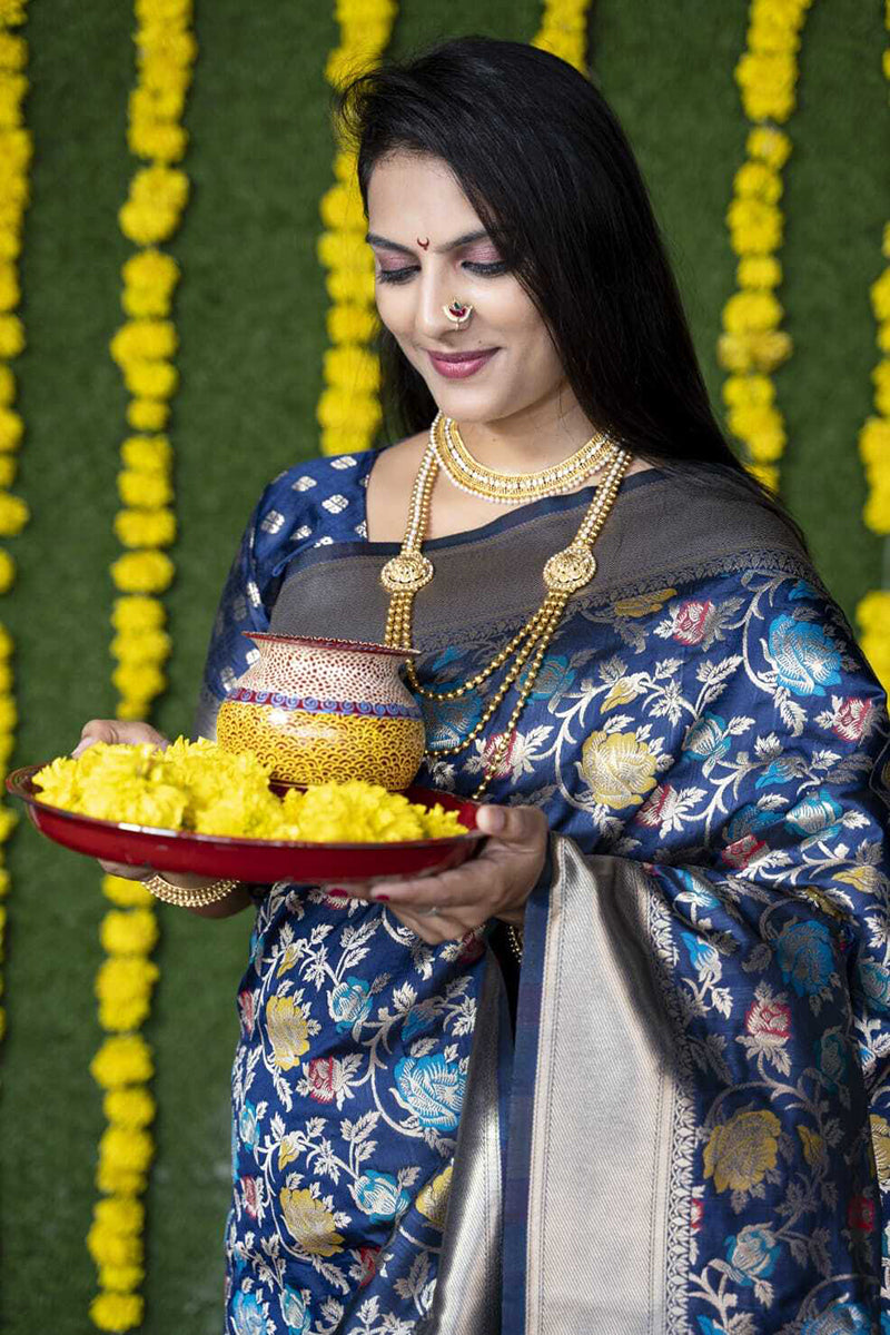 Monjolika Fashion Navy Blue Silk Blend Banarasi Zari Woven Saree With Blouse | Grocsy