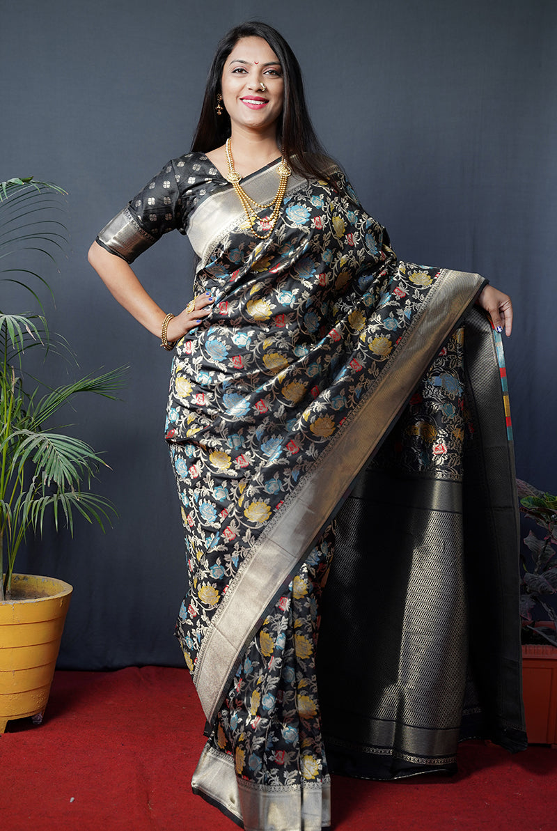 Monjolika Fashion Black Silk Blend Banarasi Zari Woven Saree With Blouse | Grocsy