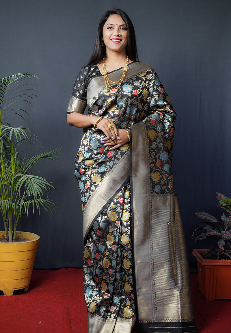Monjolika Fashion Black Silk Blend Banarasi Zari Woven Saree With Blouse | Grocsy