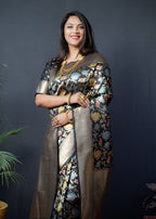 Monjolika Fashion Black Silk Blend Banarasi Zari Woven Saree With Blouse | Grocsy
