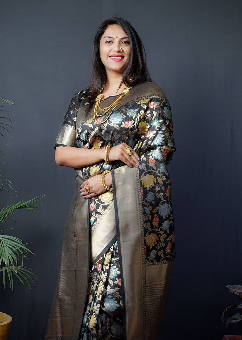 Monjolika Fashion Black Silk Blend Banarasi Zari Woven Saree With Blouse | Grocsy