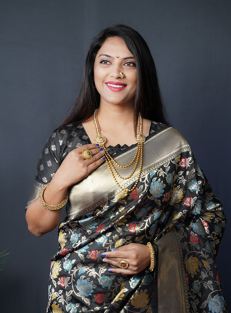 Monjolika Fashion Black Silk Blend Banarasi Zari Woven Saree With Blouse | Grocsy