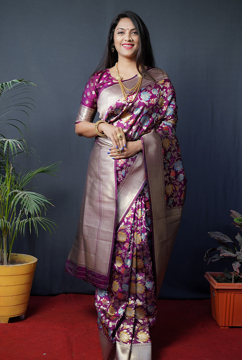 Monjolika Fashion Magenta Purple Silk Blend Banarasi Zari Woven Saree With Blouse | Grocsy