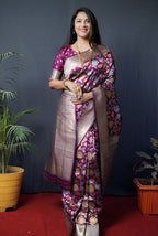 Monjolika Fashion Magenta Purple Silk Blend Banarasi Zari Woven Saree With Blouse | Grocsy