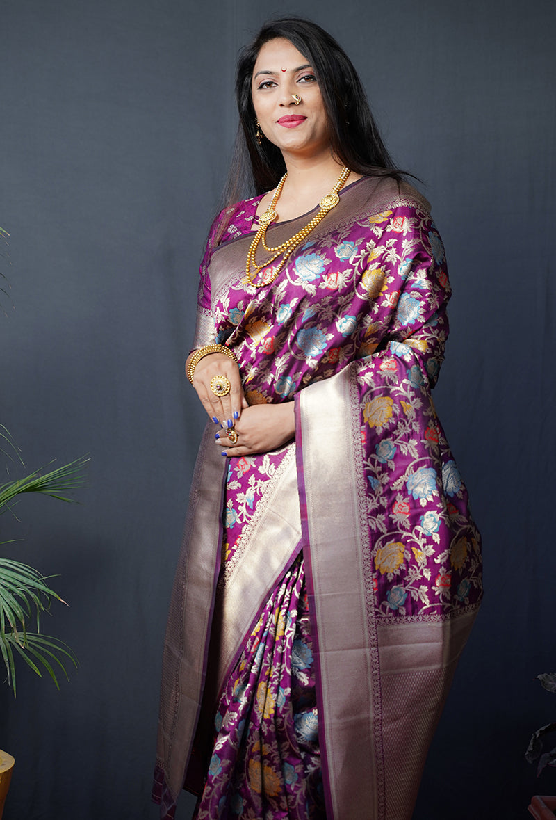 Monjolika Fashion Magenta Purple Silk Blend Banarasi Zari Woven Saree With Blouse | Grocsy