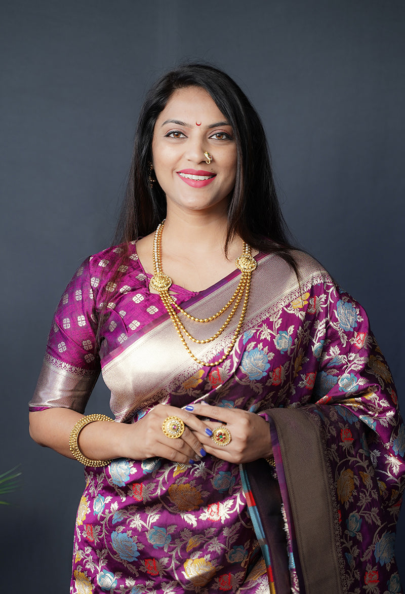 Monjolika Fashion Magenta Purple Silk Blend Banarasi Zari Woven Saree With Blouse | Grocsy
