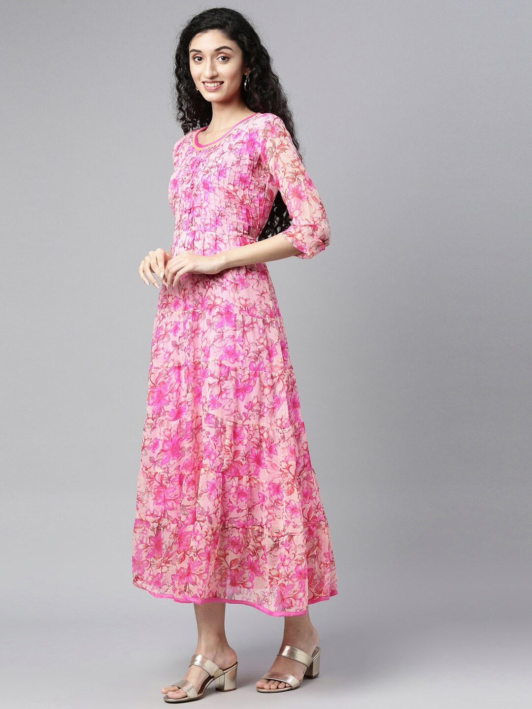 Souchii Pink & peaches n cream Floral Layered Chiffon Midi Dress | Grocsy