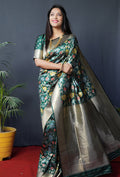 Monjolika Fashion Dark Green Silk Blend Banarasi Zari Woven Saree With Blouse | Grocsy