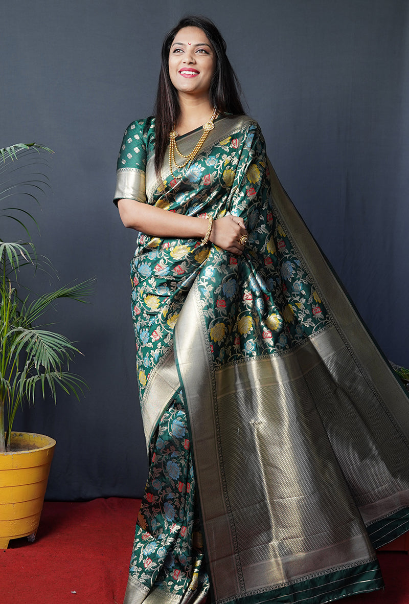Monjolika Fashion Dark Green Silk Blend Banarasi Zari Woven Saree With Blouse | Grocsy