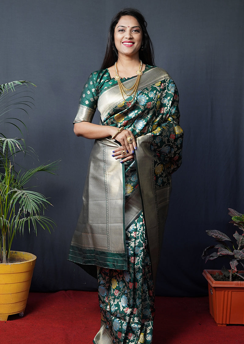 Monjolika Fashion Dark Green Silk Blend Banarasi Zari Woven Saree With Blouse | Grocsy