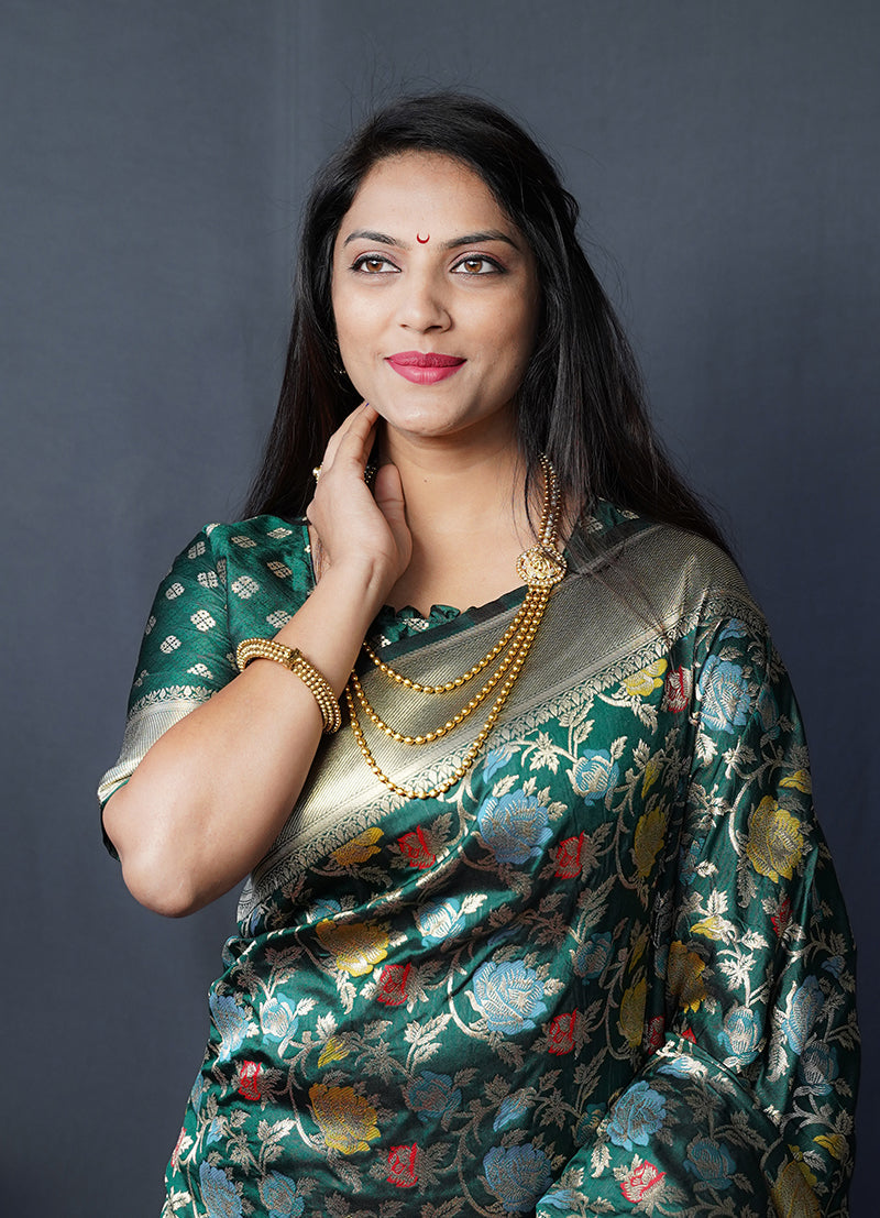 Monjolika Fashion Dark Green Silk Blend Banarasi Zari Woven Saree With Blouse | Grocsy
