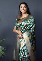 Monjolika Fashion Dark Green Silk Blend Banarasi Zari Woven Saree With Blouse | Grocsy