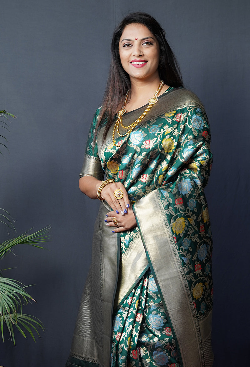 Monjolika Fashion Dark Green Silk Blend Banarasi Zari Woven Saree With Blouse | Grocsy
