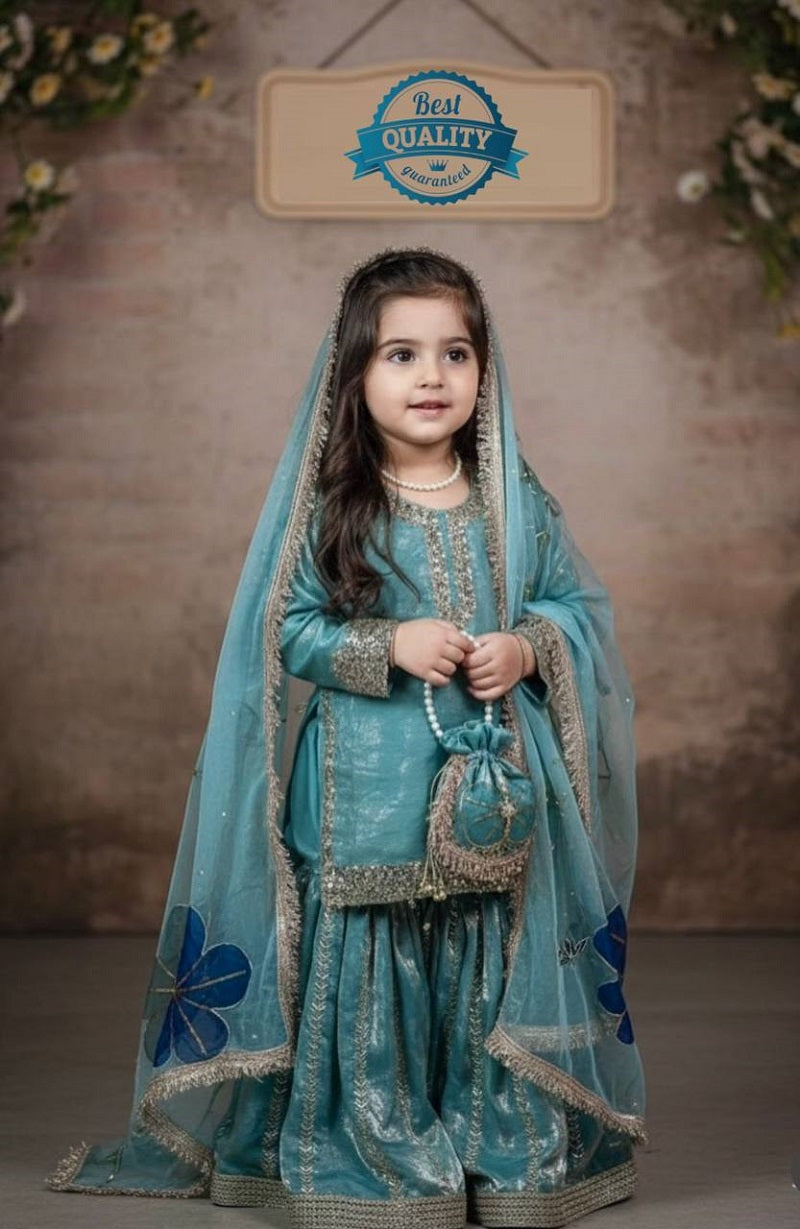 Evanik Blue Designer Party Wear Heavy Silk Kids Top Sharara & Dupatta Set | Grocsy