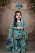 Evanik Blue Designer Party Wear Heavy Silk Kids Top Sharara & Dupatta Set | Grocsy