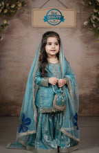 Evanik Blue Designer Party Wear Heavy Silk Kids Top Sharara & Dupatta Set | Grocsy