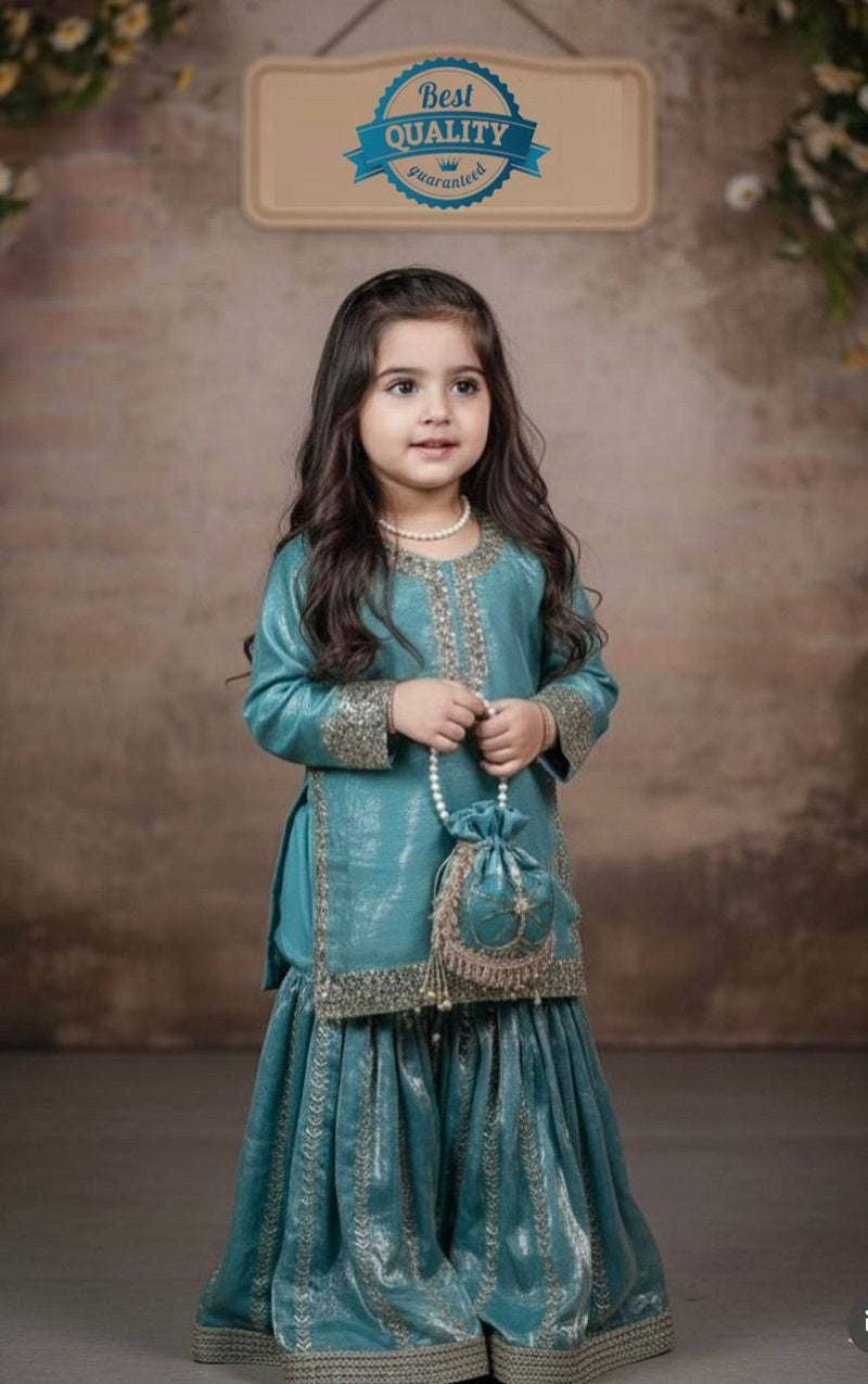Evanik Blue Designer Party Wear Heavy Silk Kids Top Sharara & Dupatta Set | Grocsy