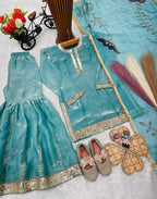 Evanik Blue Designer Party Wear Heavy Silk Kids Top Sharara & Dupatta Set | Grocsy