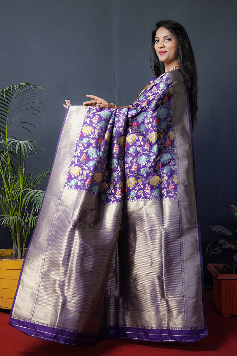 Monjolika Fashion Purple Silk Blend Banarasi Zari Woven Saree With Blouse | Grocsy