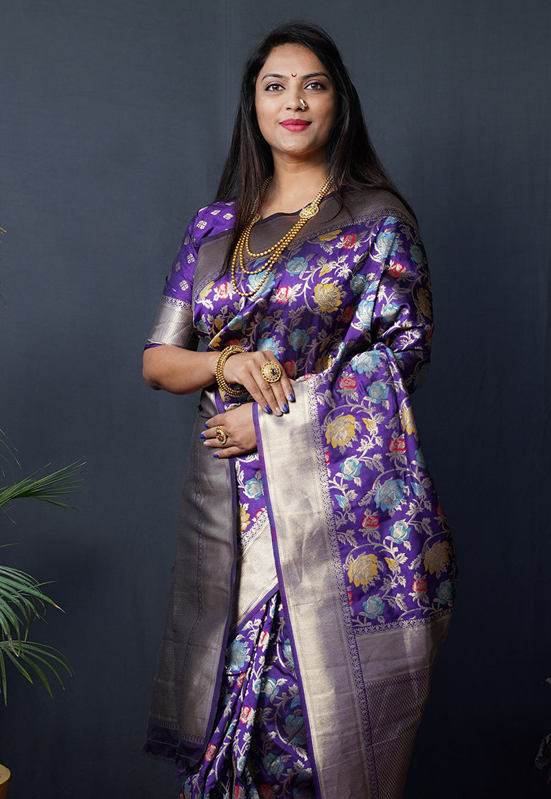 Monjolika Fashion Purple Silk Blend Banarasi Zari Woven Saree With Blouse | Grocsy