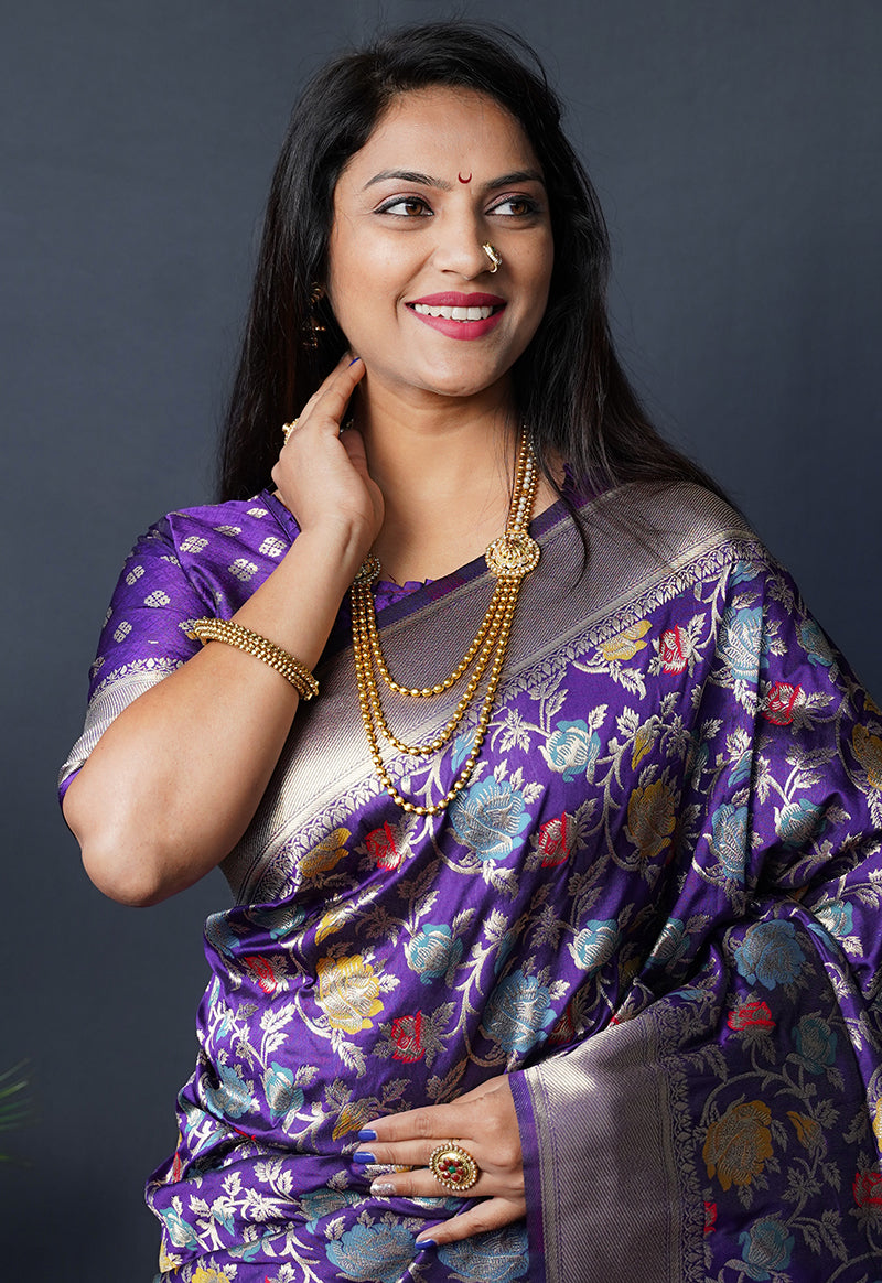 Monjolika Fashion Purple Silk Blend Banarasi Zari Woven Saree With Blouse | Grocsy