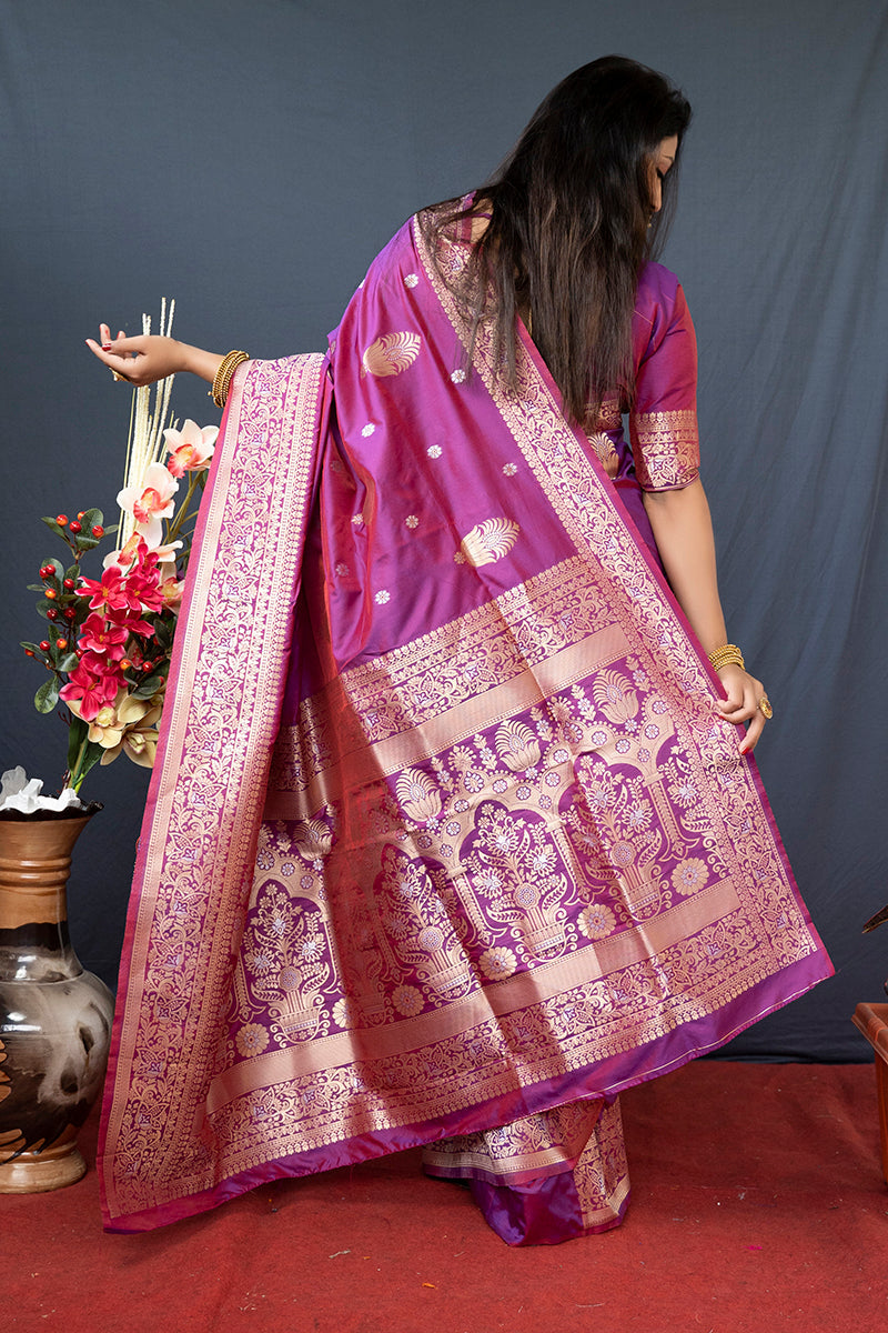 Monjolika Fashion Dark Magenta Banarasi Silk Blend Saree with Zari Weaving | Grocsy