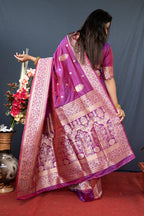 Monjolika Fashion Dark Magenta Banarasi Silk Blend Saree with Zari Weaving | Grocsy