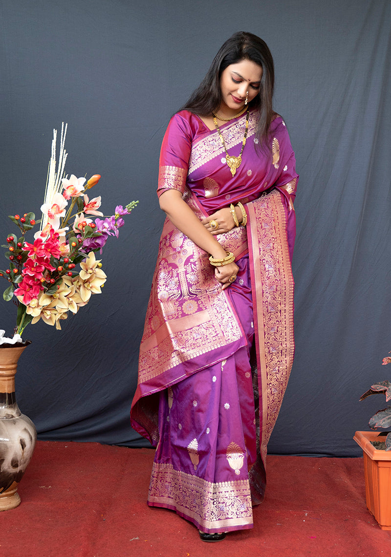 Monjolika Fashion Dark Magenta Banarasi Silk Blend Saree with Zari Weaving | Grocsy