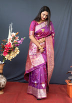 Monjolika Fashion Dark Magenta Banarasi Silk Blend Saree with Zari Weaving | Grocsy